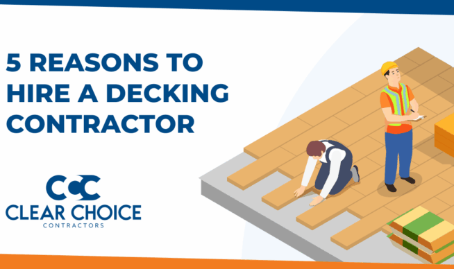 five reasons to hire a decking contractors. CCC logo. cartoon image of contractors working on a deck.