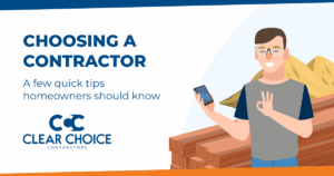 choosing a contractor. a few quick tips homeowners should know. cartoon image of happy man holding a phone. CCC logo