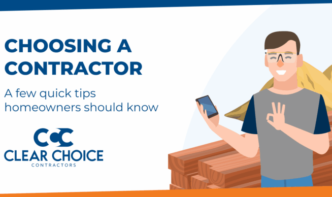 choosing a contractor. a few quick tips homeowners should know. cartoon image of happy man holding a phone. CCC logo