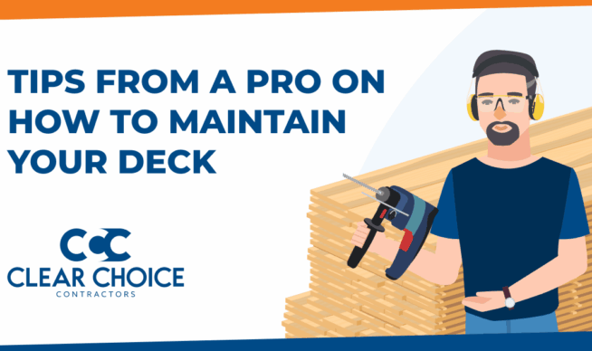 tips from a pro on how to maintain your deck. CCC logo. Man holding power drill while standing in front of large stack of lumber.