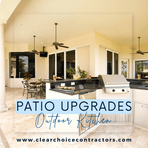 outdoor kitchen featuring counters and a grill. text reads. "patio upgrades: outdoor kitchen". www.callspacestars.com