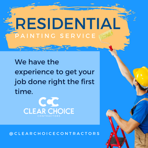 painter on ladder. overlaid text reads, "Residential painting: we have the expertise to get your job done right the first time"