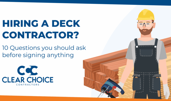 hiring a deck contractor? 10 questions you should ask before signing anything. cartoon of deck contractor wearing hard hat in front of a deck.