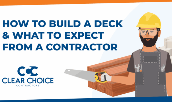 how to build a deck and what to expect from a deck contractor. cartoon image of deck contractor holding a saw.