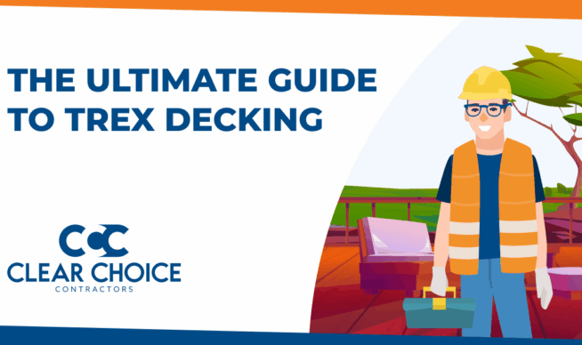 the ultimate guide to trex decking. ccc logo. contractor wearing hi-viz vest in front of building materials.