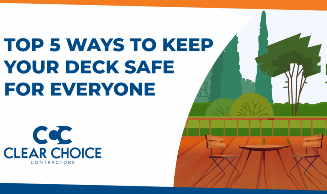 top 5 ways to keep your deck safe for everyone. ccc logo. cartoon image of wooden deck and backyard.