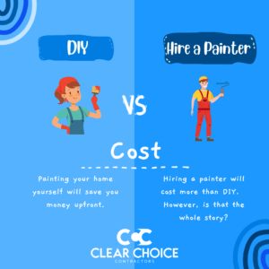 diy painter next to professional painter. text reads DIY vs Hire a Painter: DIY painting will save you money upfront. Hiring a painter is more expensive, but is that the whole story?