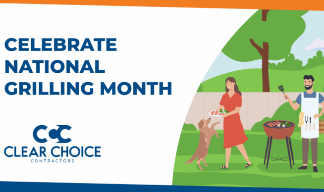 celebrate national grilling month. CCC logo. Family outside grilling with their dog.