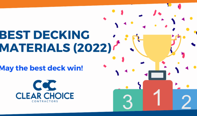 best decking material (2022) - may the best deck win. CCC logo. Trophy podium with confetti falling