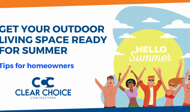 Get your outdoor living space ready for summer. tips for homeowners. CCC logo. group of friends celebrating in front of sun & clear skies