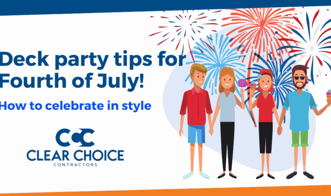Deck party tips for fourth of july. how to celebrate in style. CCC logo. group of 4 friends in summer attire eating ice cream with fireworks in the background