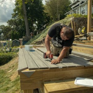 contractor measuring lines on a deck installation