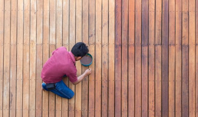 Contractor staining an outdoor deck