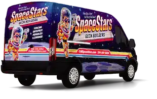 A black van wrapped with the SpaceStars logo.