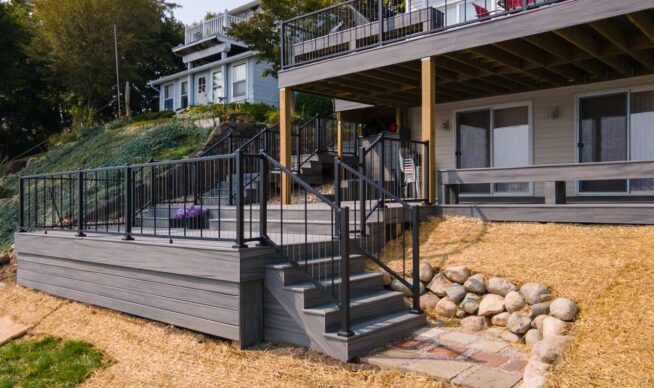 New multi level custom deck with stairs and railing. 