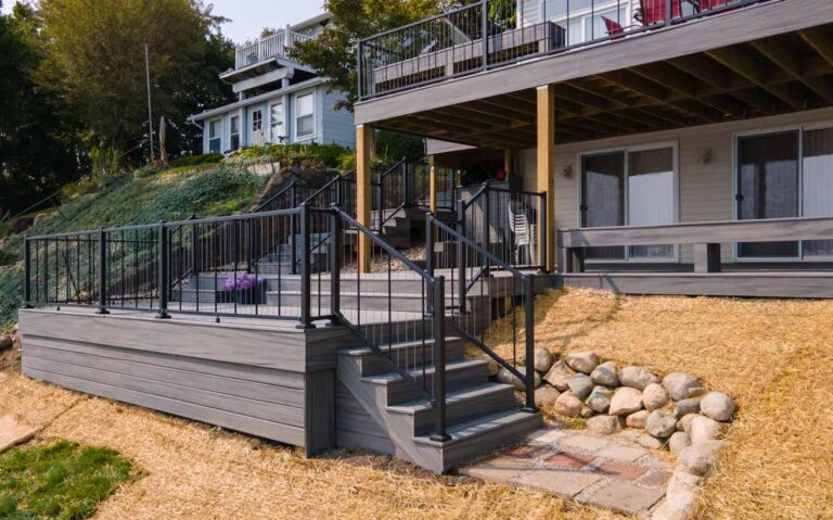 New multi level custom deck with stairs and railing. 