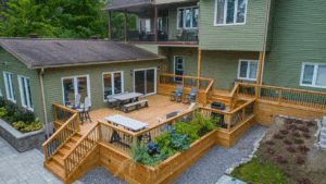 Beautiful multi tier custom deck with stairs and railings