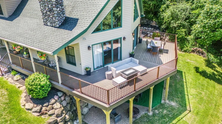Aerial view of custom wrap around deck with multiple levels