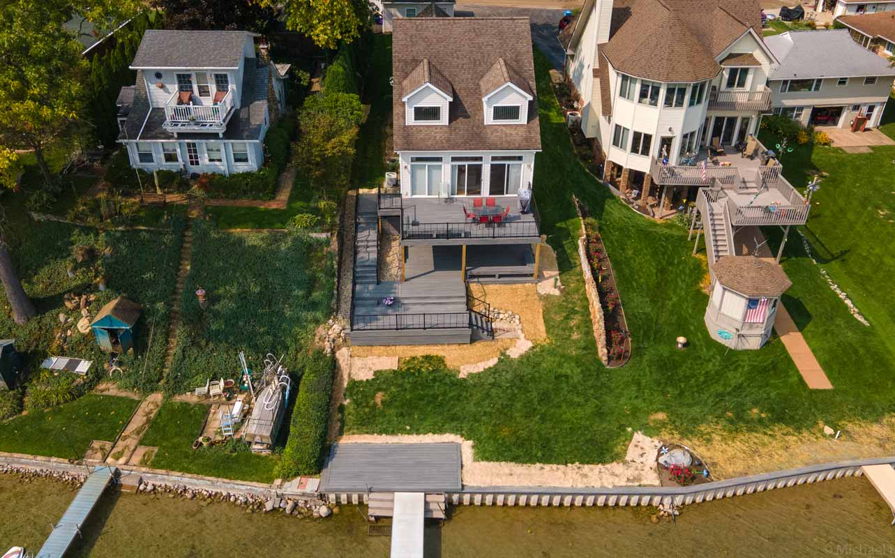 aerial view of a waterfront deck with dock