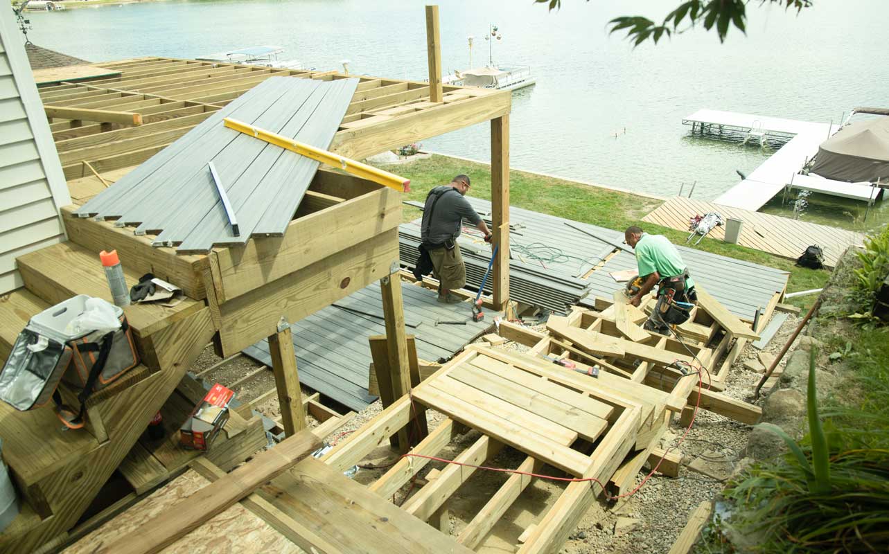 Construction on a backyard deck