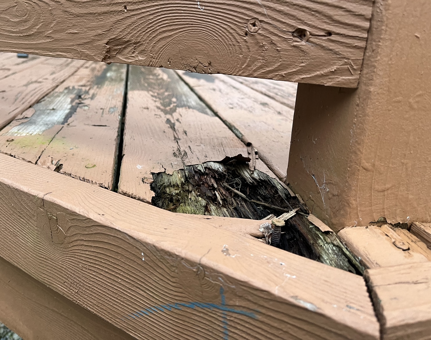 close up of an old deck railing, 