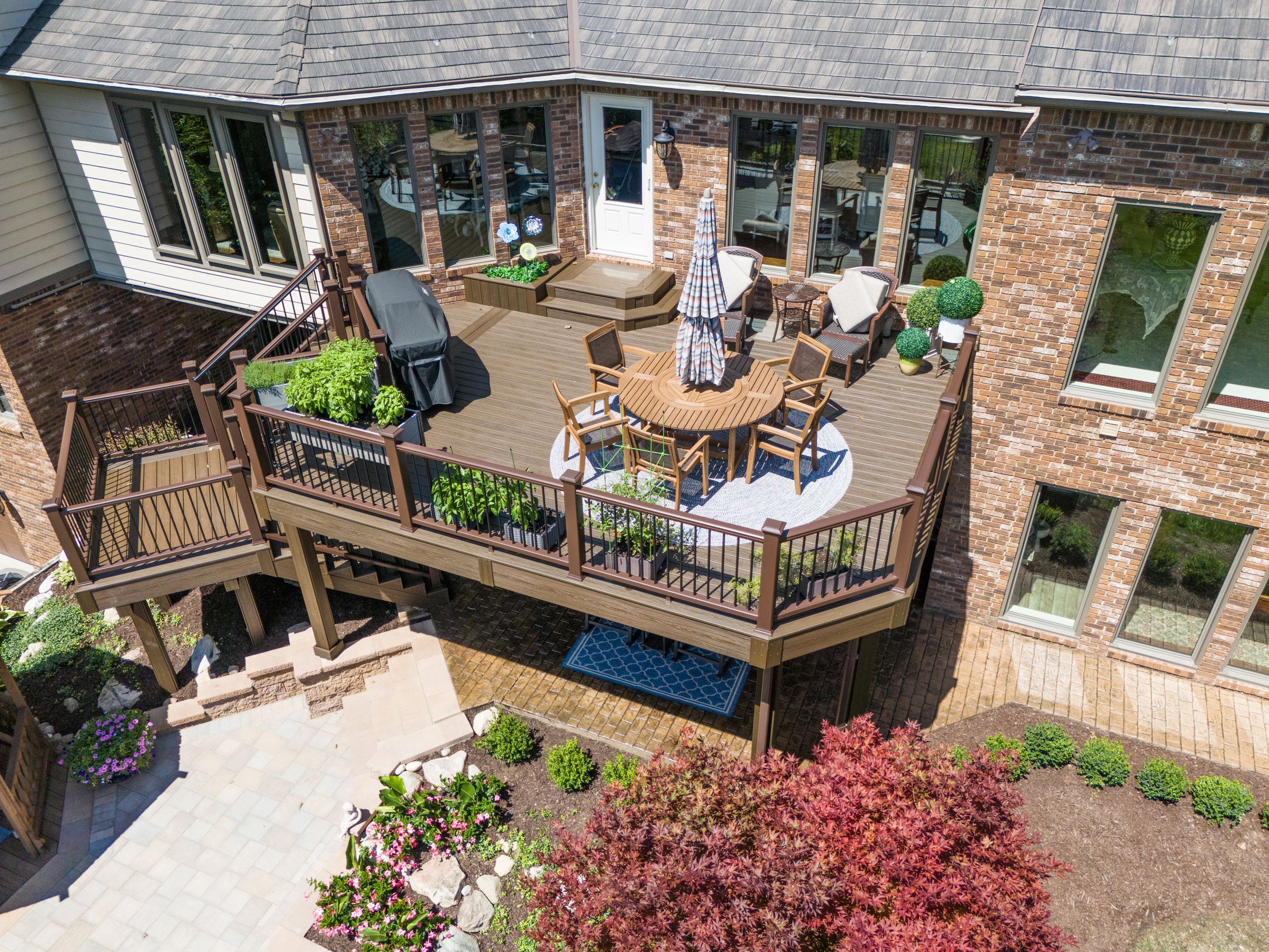 Close up aerial view of custome multi tier composite deck in South Lyon, MI